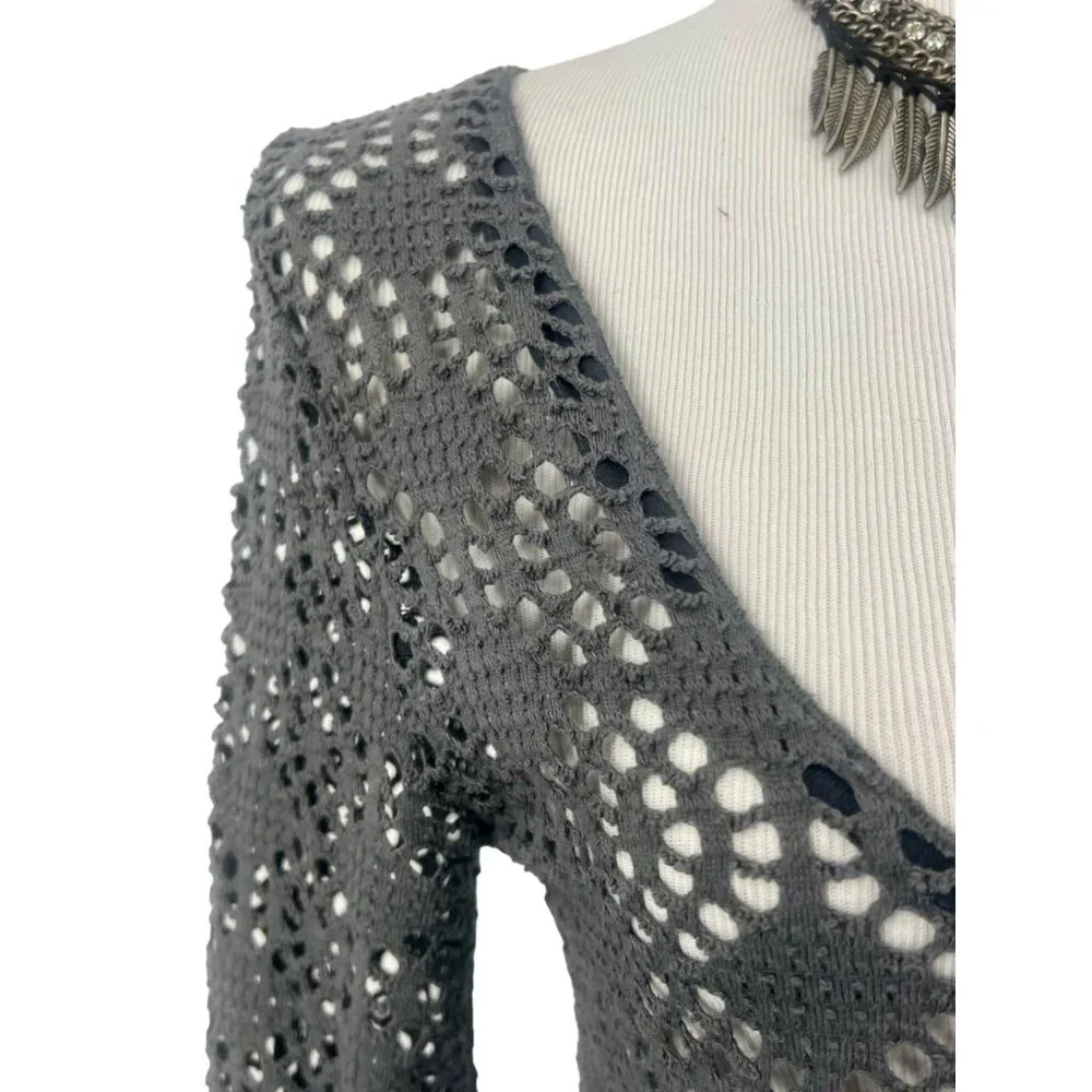 Vintage Free People Beach Gray Crochet Button Front Maxi Cardigan - Picture 3 of 16